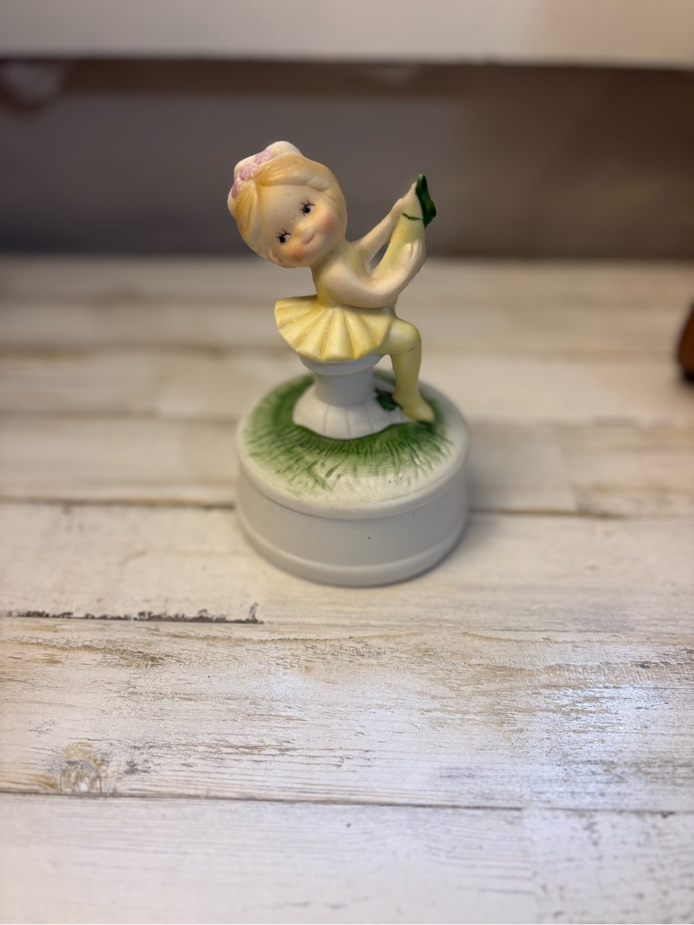 Hand-Painted Ceramic Ballerina Figurine in Yellow and Green music Ballerina